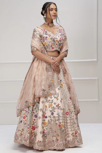 Cream Pink Resam Embroidery Silk Weeding Lehenga EDWS 301002