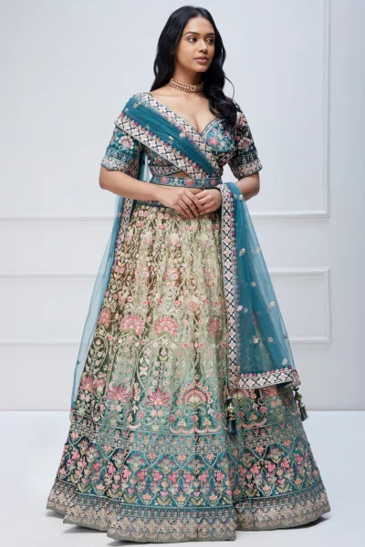Green & Blue Velvet Resham Embroidery Lehenga EDWS 301005