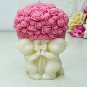 Candléve Teddy with Bouquet Candle | Pink & White Color | Rose Scented | Valentine & Anniversary Gift