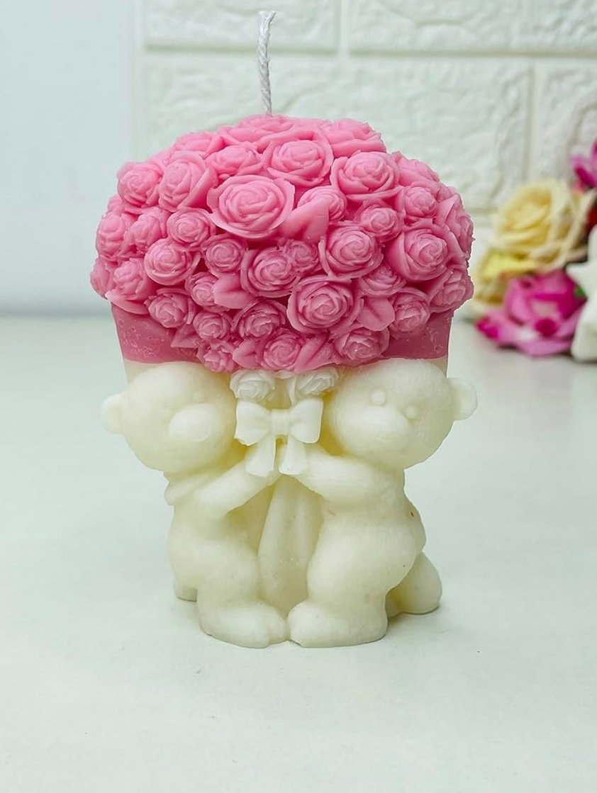 Candléve Teddy with Bouquet Candle | Pink & White Color | Rose Scented | Valentine & Anniversary Gift